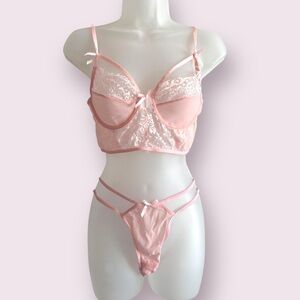 Pink Lace Lingerie Set - Sheer Satin Trim Bra & Strappy Thong, Size M